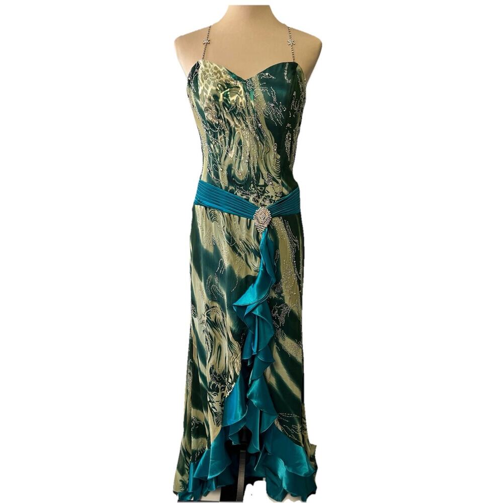 Vintage‎ Prom Dress Maxi Sz 10 Silk Teal Bling Y2K Train Ruched Waist 2000s Glam